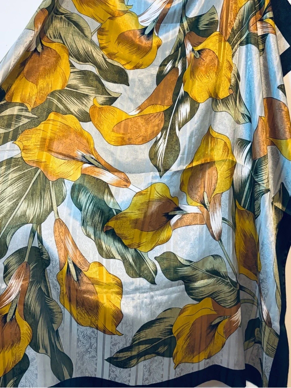Yellow Floral Satin Scarf/Shawl with Black Trim IMPORTED BY PEACOCK SILK